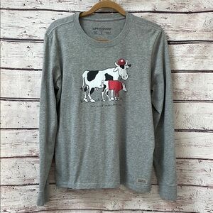 Life Is Good Gray Long Sleeve Tee with Cow Graphic and Red Accent
